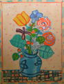 ベージュの背景の青い花瓶の花束